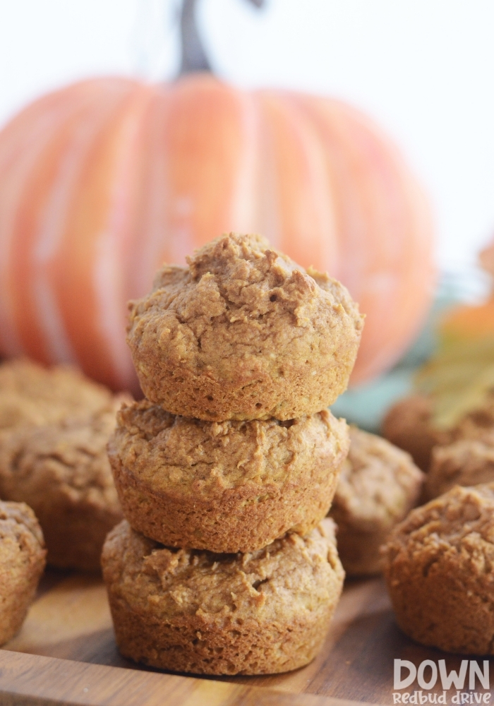 A tall closeup of the finished pumpkin muffins.