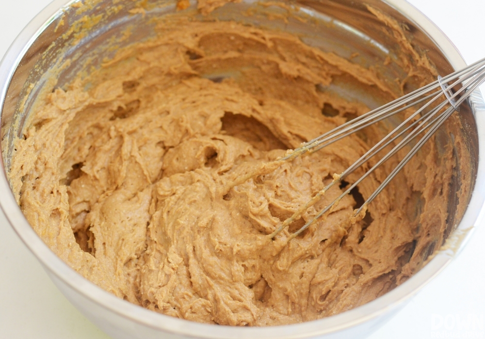 Close up of the mixed pumpkin muffins batter.