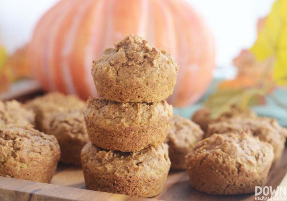 Close up of the finished 3 Ingredient Pumpkin Muffins piled up.