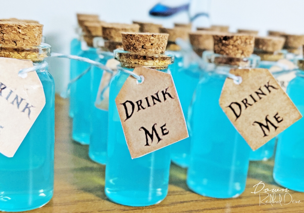 small glass drink me bottles with drink me tags