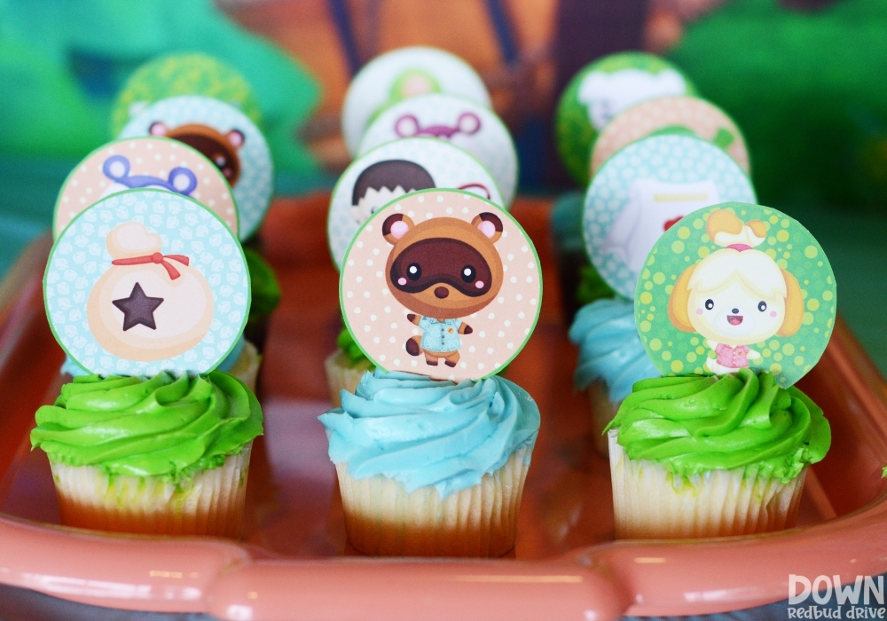 Closeup of Animal Crossing themed cupcakes.