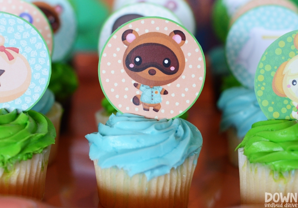 Closeup of the printable cupcake toppers for the Animal Crossing Birthday Party.