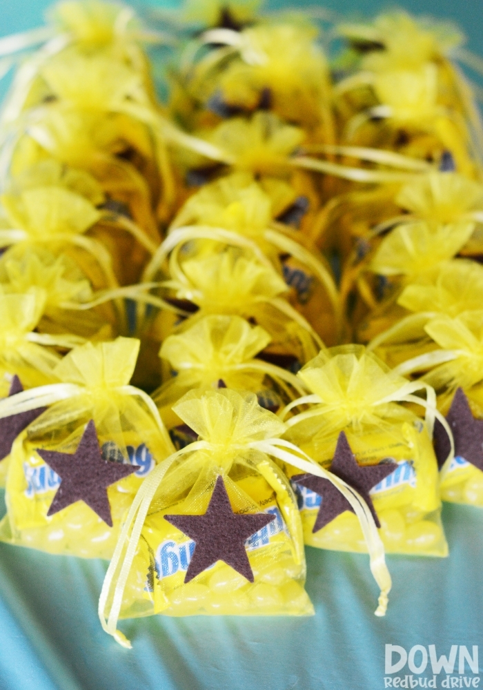 A tall closeup of the bell bag party favors for the Animal Crossing Birthday Party