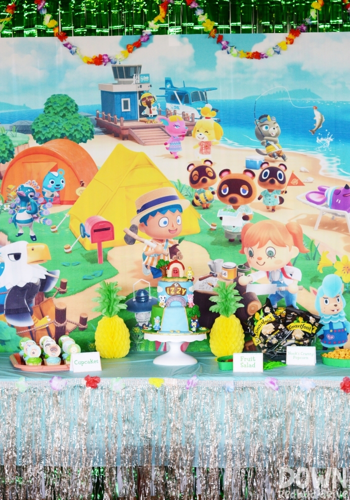 A tall image of the Animal Crossing Birthday Party food table.