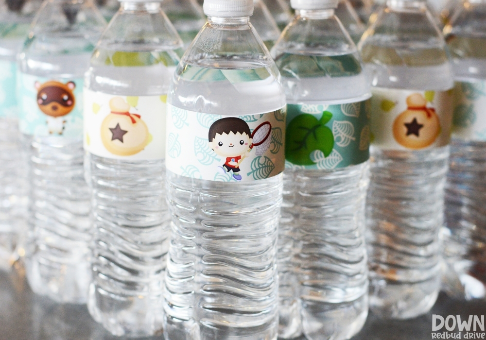 A closeup of the Animal Crossing water bottle labels.