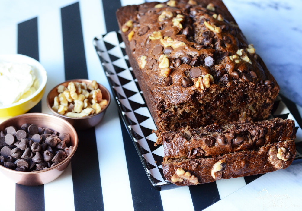 overhead of chocolate chip banana bread with walnuts