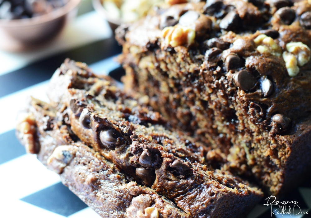 chocolate chip banana bread up close sliced