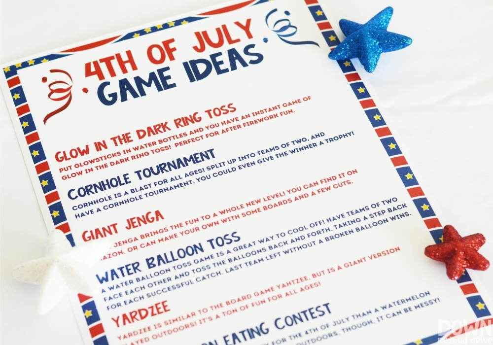 A printable with various 4th of July game ideas.