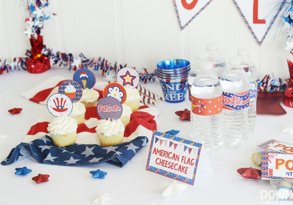 A wide closeup of the food table for the DIY 4th of July party.