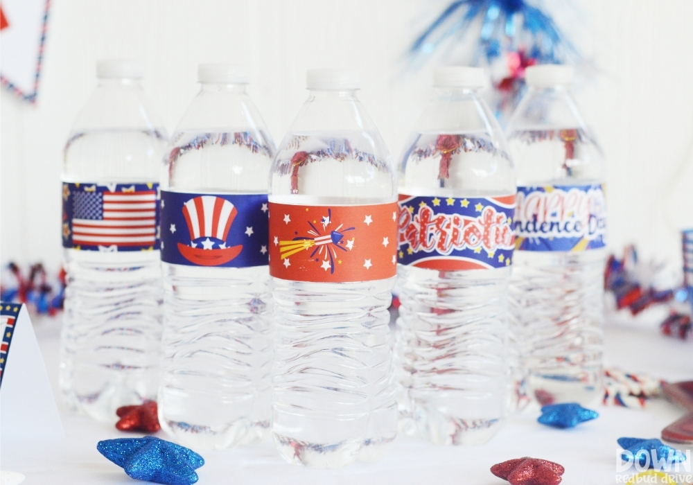 Water bottles with patriotic water bottle labels on them.