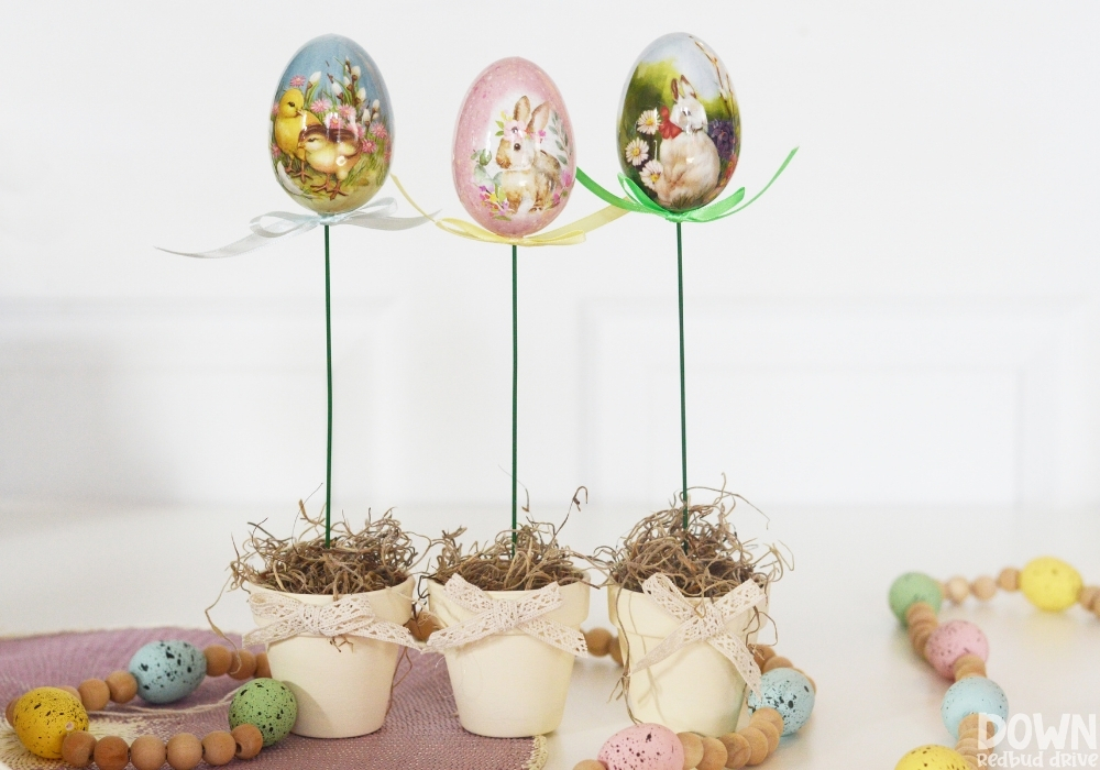 The finished DIY Easter Egg Topiaries.