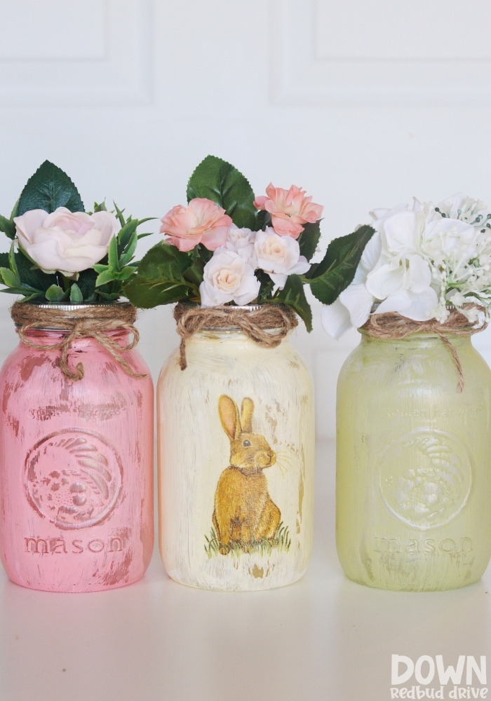 Tall shot of the finished DIY Easter mason jars.