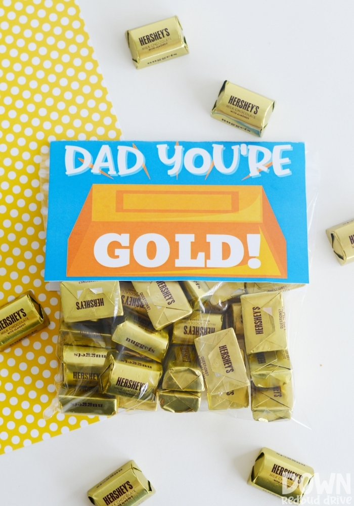 Tall overhead view of the finished DIY Father's Day Gold Candy Gift.