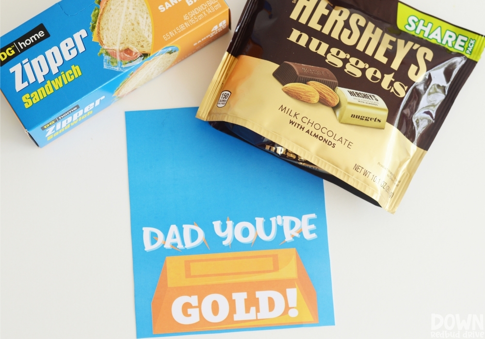 Overhead view of the supplies for the DIY Father's Day Gold Candy Gift.