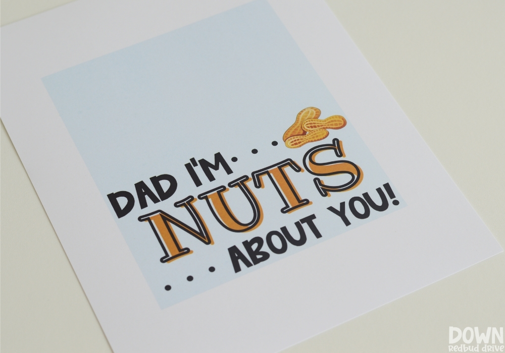 Close up of the "Dad I'm Nuts About You" printable for the DIY father's day candy gift.