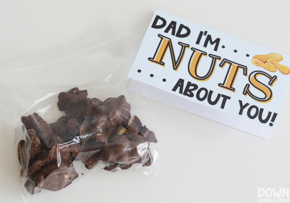 Close up of the bag of candy and the printable for the DIY Father's Day I'm Nuts About You Candy Gift.