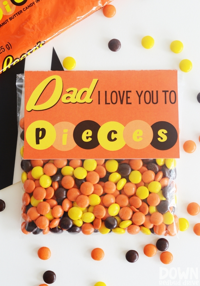 Tall overhead view of the finished DIY Father's Day Reese's Pieces Gift.