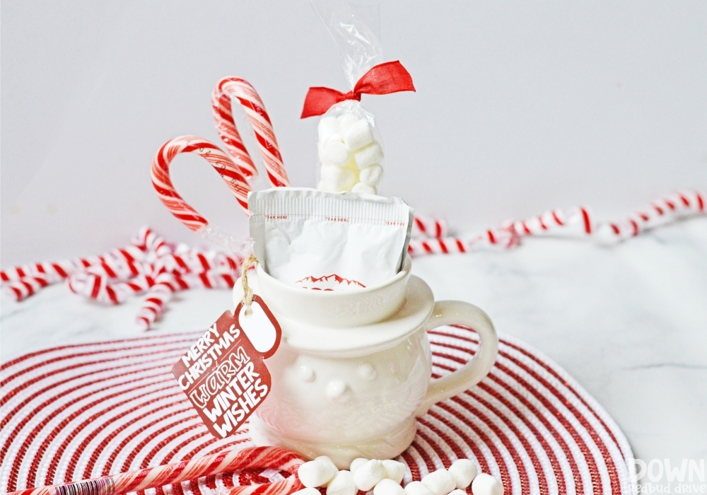 Close up of a DIY Hot Cocoa Gift in a white snowman mug.