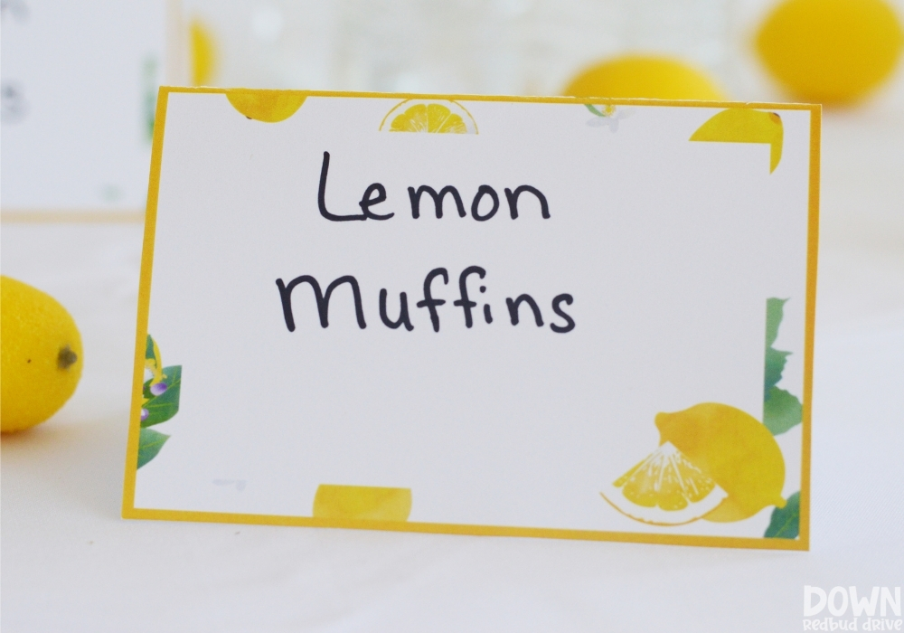 Close up of the DIY Lemon Baby Shower food cards.