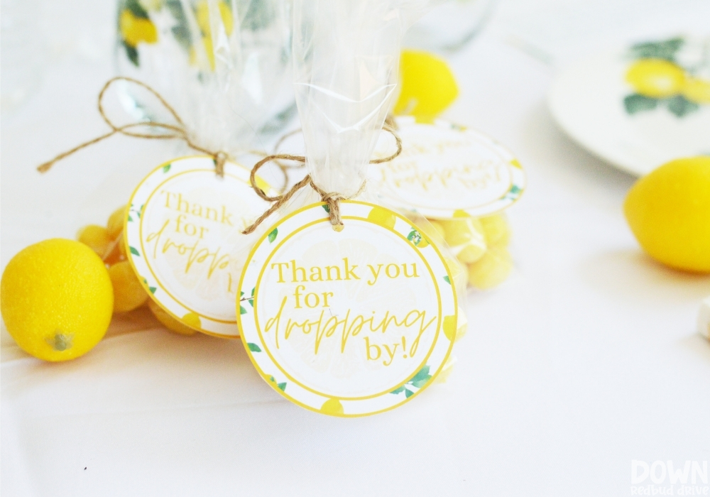 Close up of the parting gift printable tags for the DIY Lemon Baby Shower.