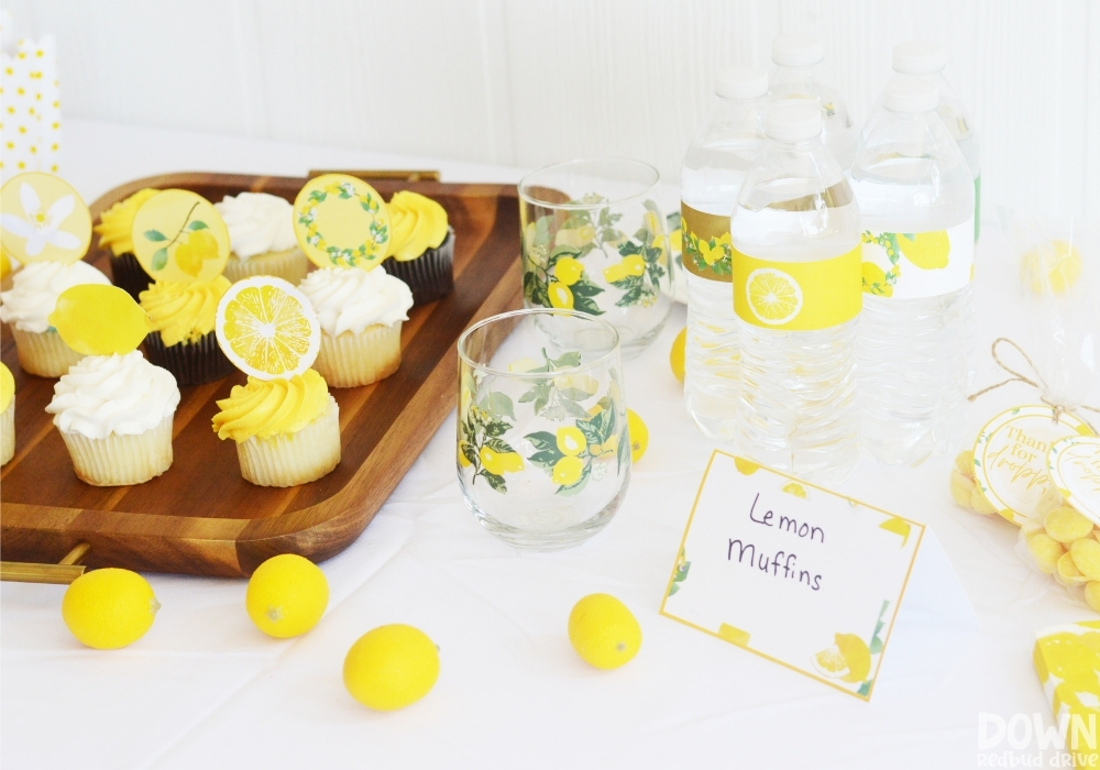 A wide closeup of the food table for the DIY Lemon Baby Shower.