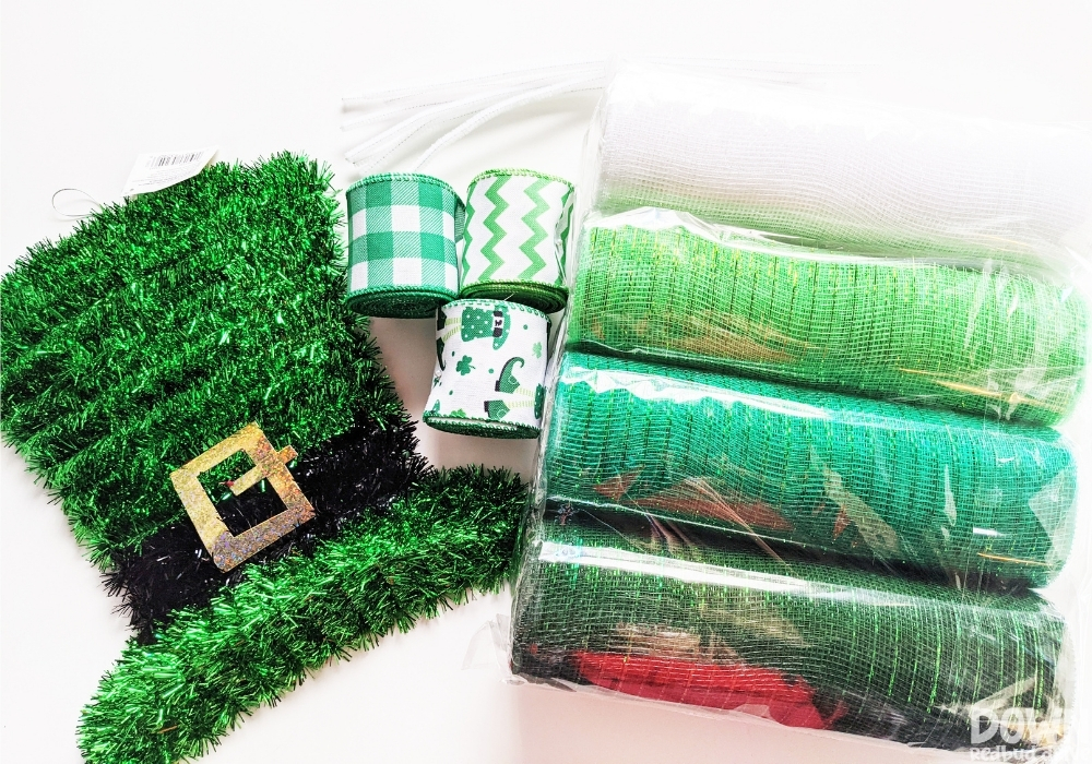 Supplies needed for making a DIY Leprechaun Hat Mesh Wreath.