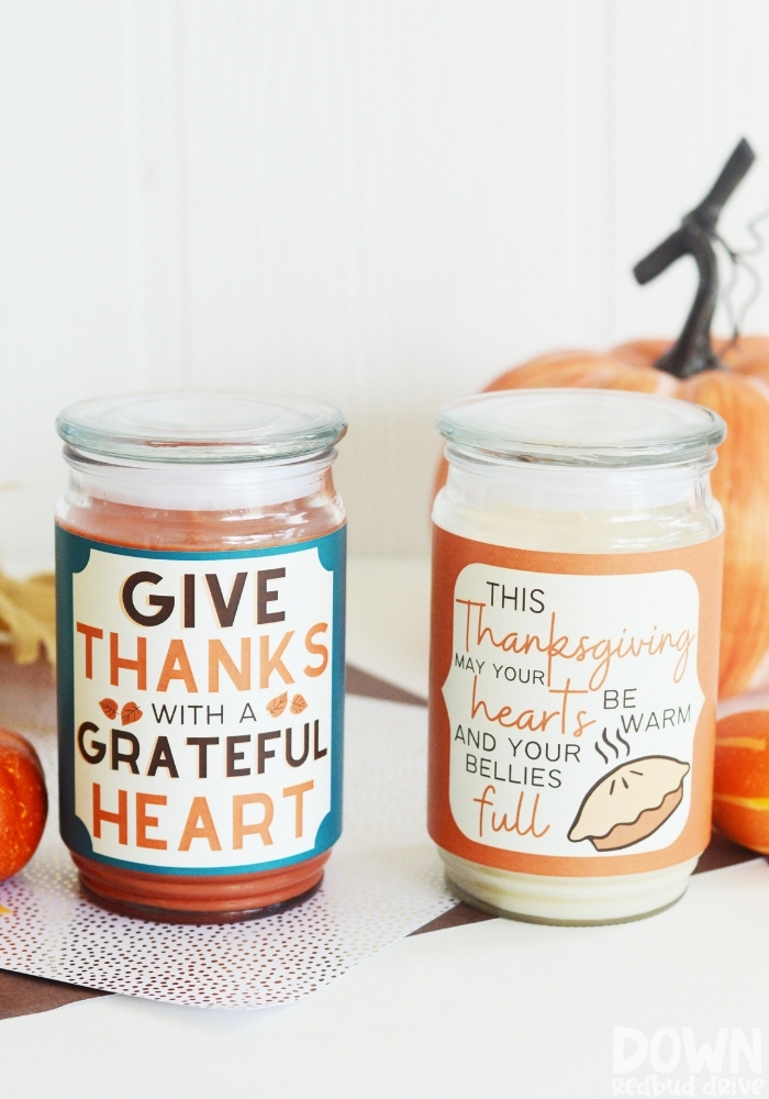 Tall closeup of the finished DIY Thanksgiving Candles.