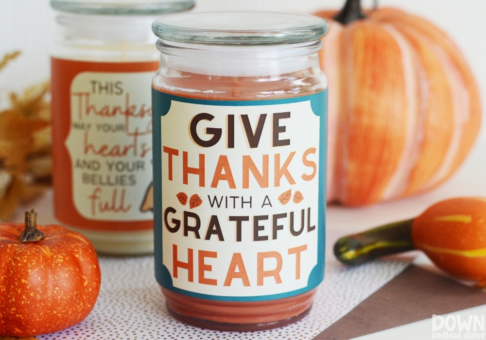 Closeup of a finished DIY Thanksgiving Candle that says "Give thanks with a grateful heart".