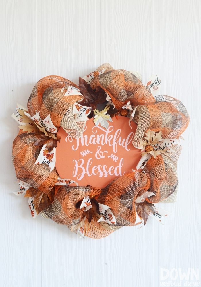 A tall close up of the finished DIY Thanksgiving Mesh Wreath.