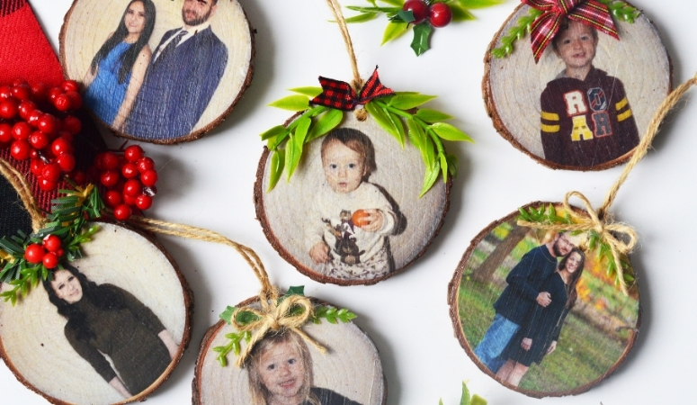 Overhead shot of the finished DIY Wood Photo Ornaments.