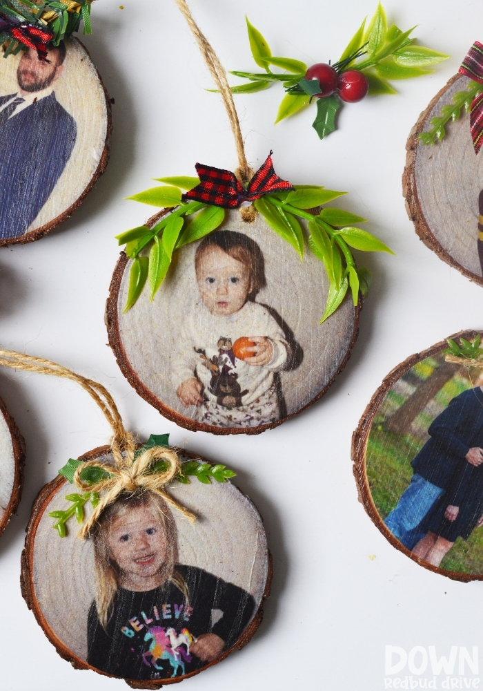 Tall overhead shot of the finished DIY Wood Photo Ornaments.