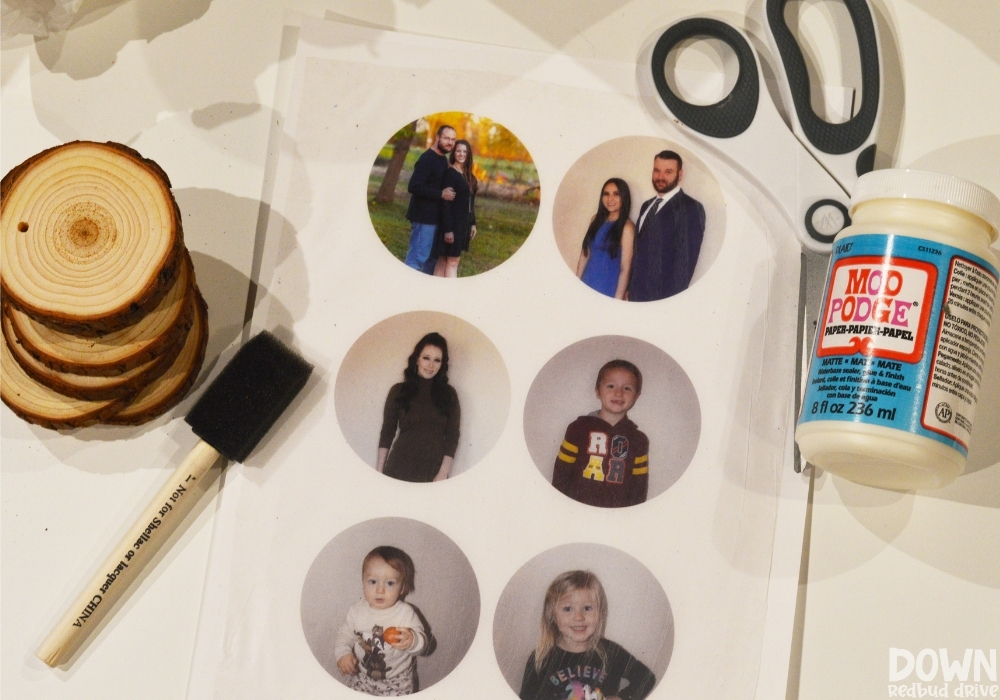 Overhead shot of the supplies for the DIY Wood Photo Ornaments.