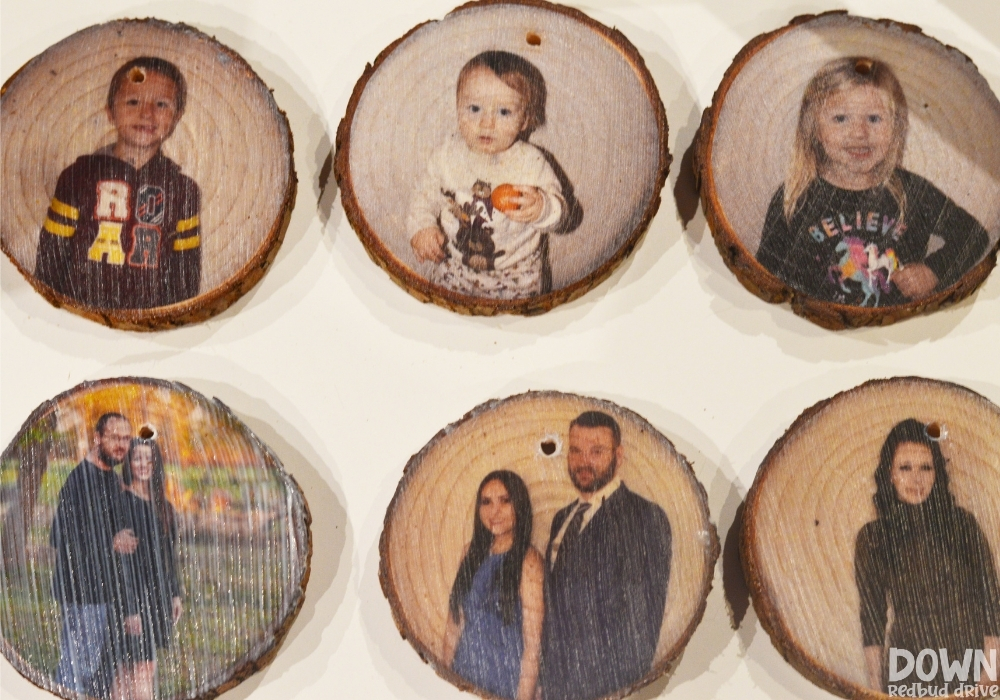 The DIY Wood Photo Ornaments drying after having the pictures applied to them.