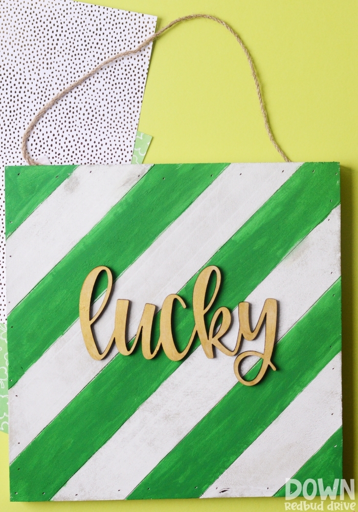 Tall shot of the finished DIY wooden lucky sign.