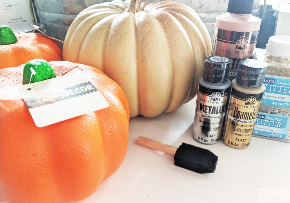 All of the supplies needed for the glitter pumpkin DIY.