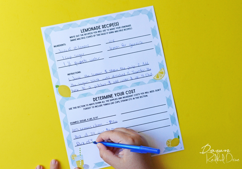 Kid's Lemonade Stand Business Plan printable sheet