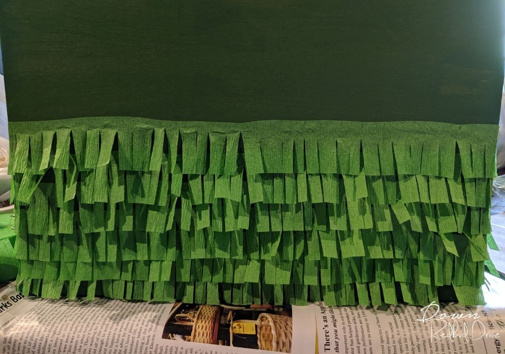 strips of green paper fringe glued to the front of a green box