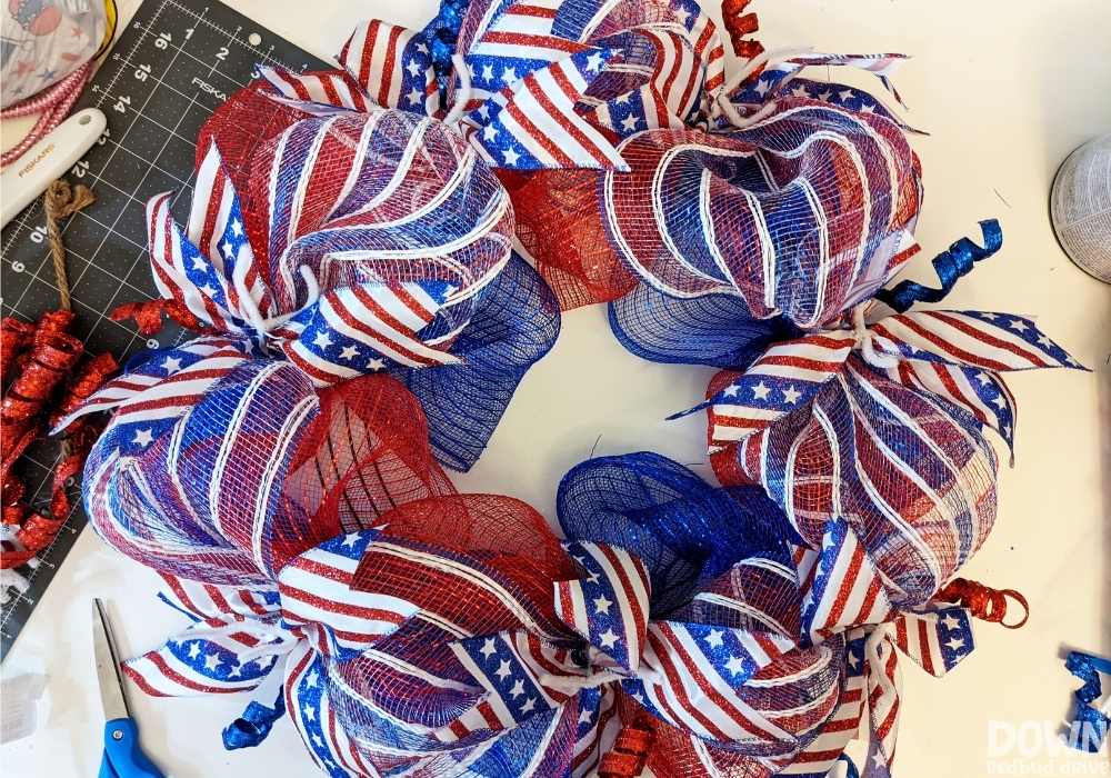 The Patriotic Deco Mesh Wreath with all the ribbon attached to it.