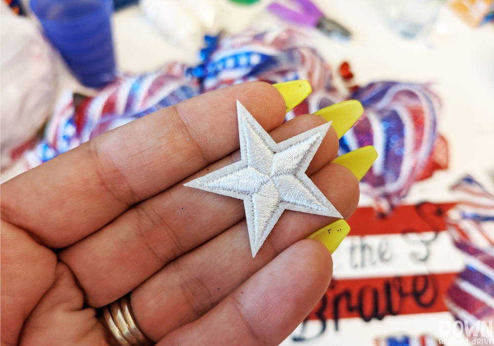 Close up of the star patches for the Patriotic Deco Mesh Wreath.