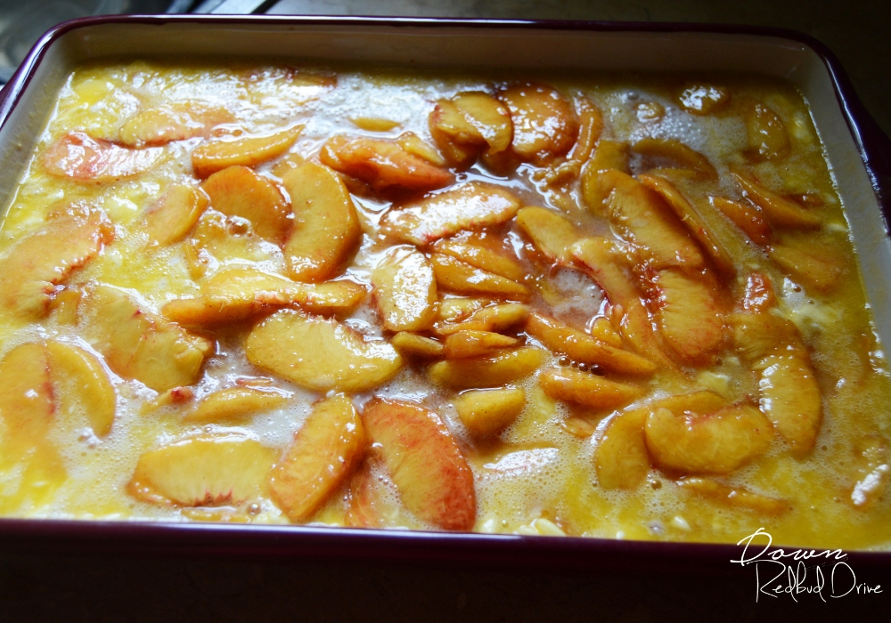 dump peach cobbler ready for the oven