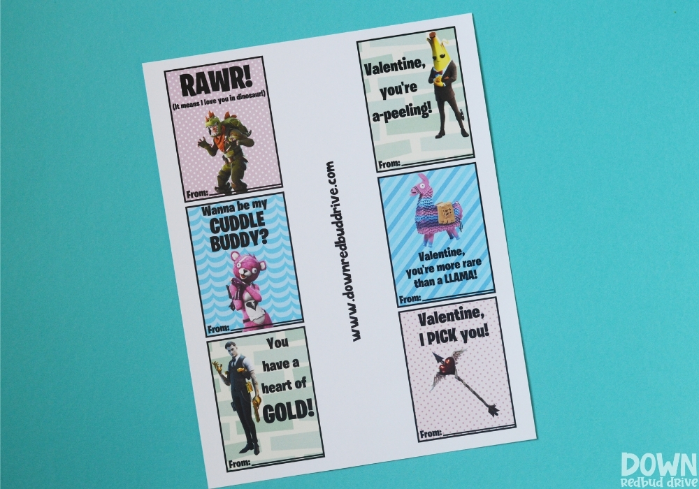 The free printable Fortnite valentines printable sheet.