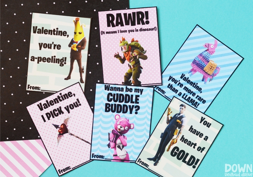 The free printable Fortnite valentines cut out.