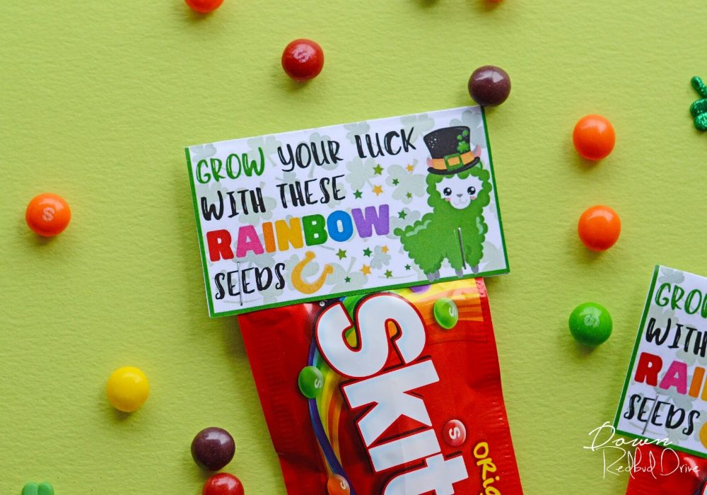 Rainbow Seeds Skittles package on a green background surrounded by loose Skittles