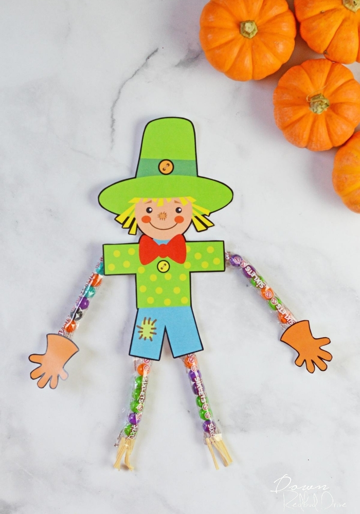 DIY Sixlets Scarecrow craft for kids.