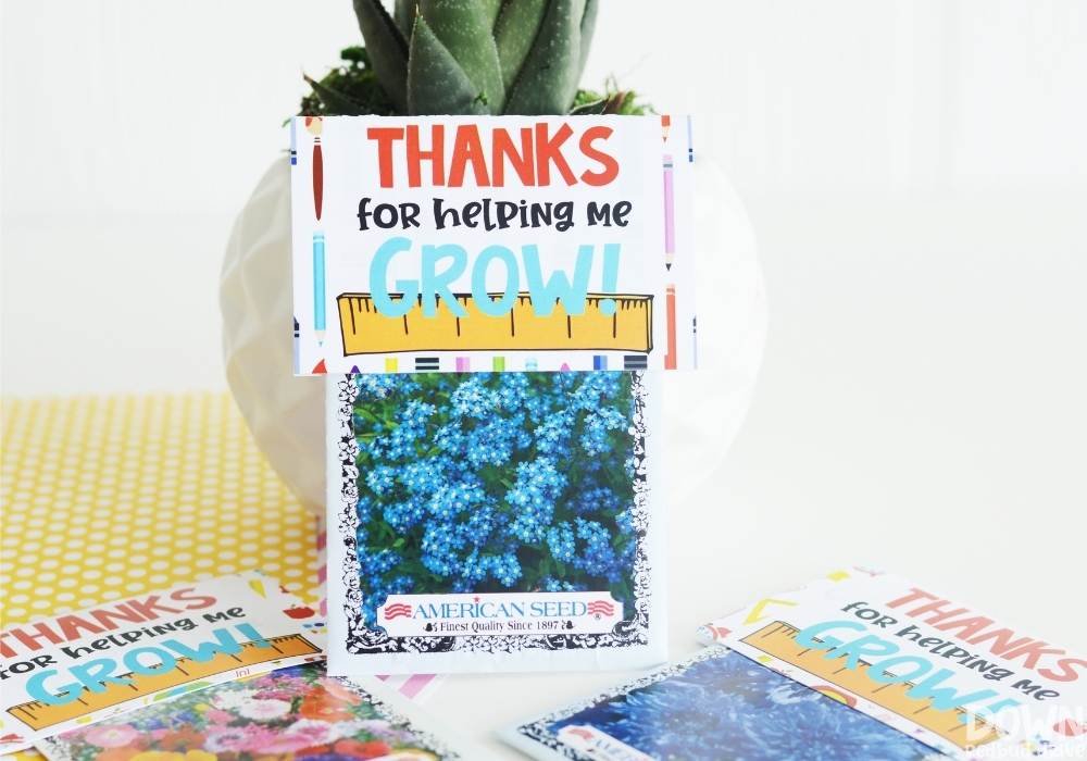 The finished teacher seeds gift that says, "Thanks for helping me grow!"