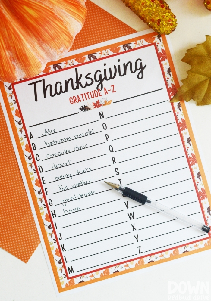 Tall close up of the finished Thanksgiving Gratitude A-Z list.