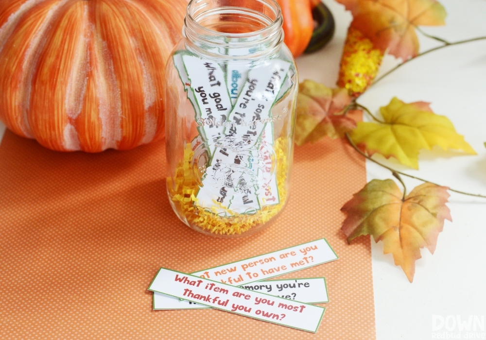 Wide closeup of the DIY thanksgiving gratitude game.