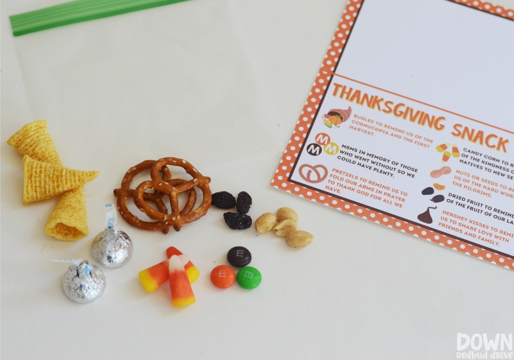 Overhead view of the supplies for the Thanksgiving Snack Mix.