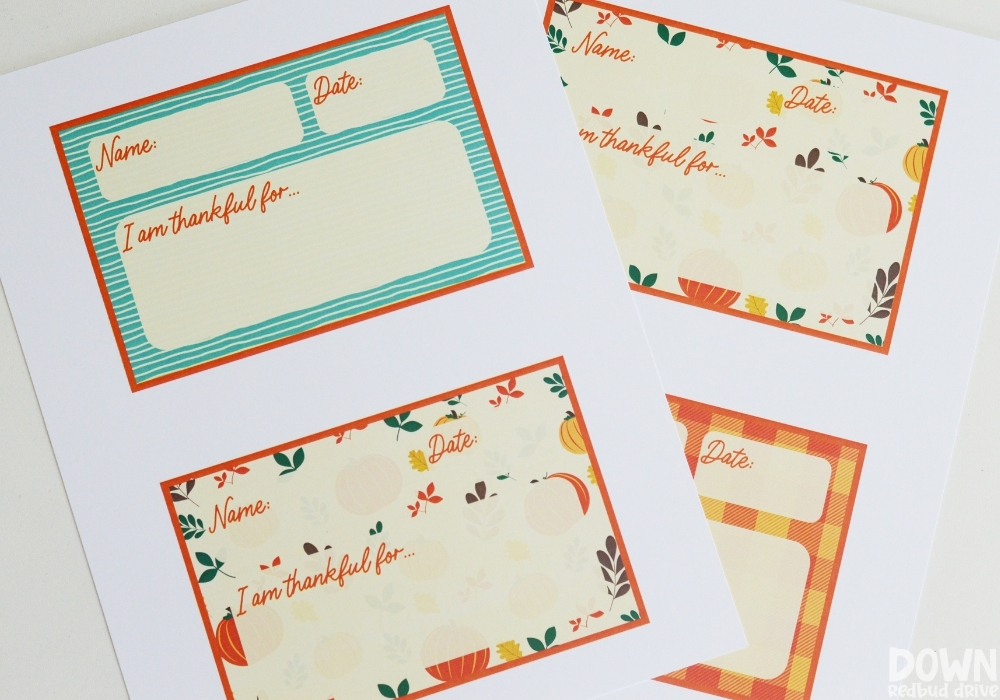 Overhead view of the thanksgiving thankful place cards printables.