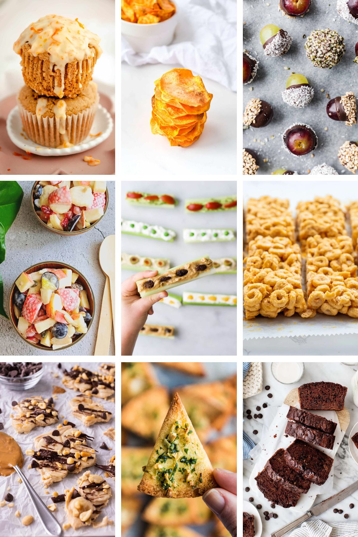 grid image of 9 different easy snack ideas for kids and adults. Healthy, simple, and delicious snacks including pumpkin muffins, air fryer sweet potato chips, chocolate covered grapes, fruit salad, ants on a log, cereal bars, chocolate yogurt bark, garlic air fryer pita chips, and chocolate zucchini bread.